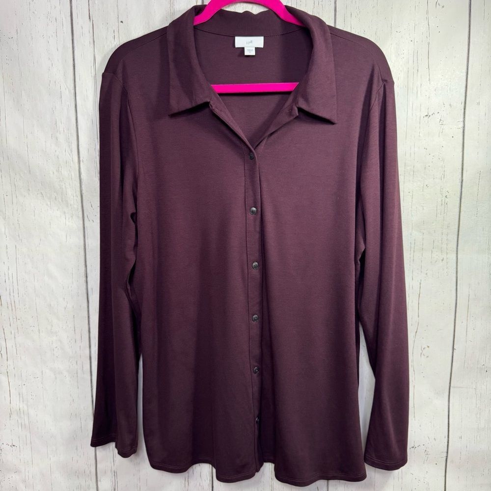 J.Jill Stretch Knit Button Up Shirt Plum XL Minimalist Workwear Soft Basics Fall